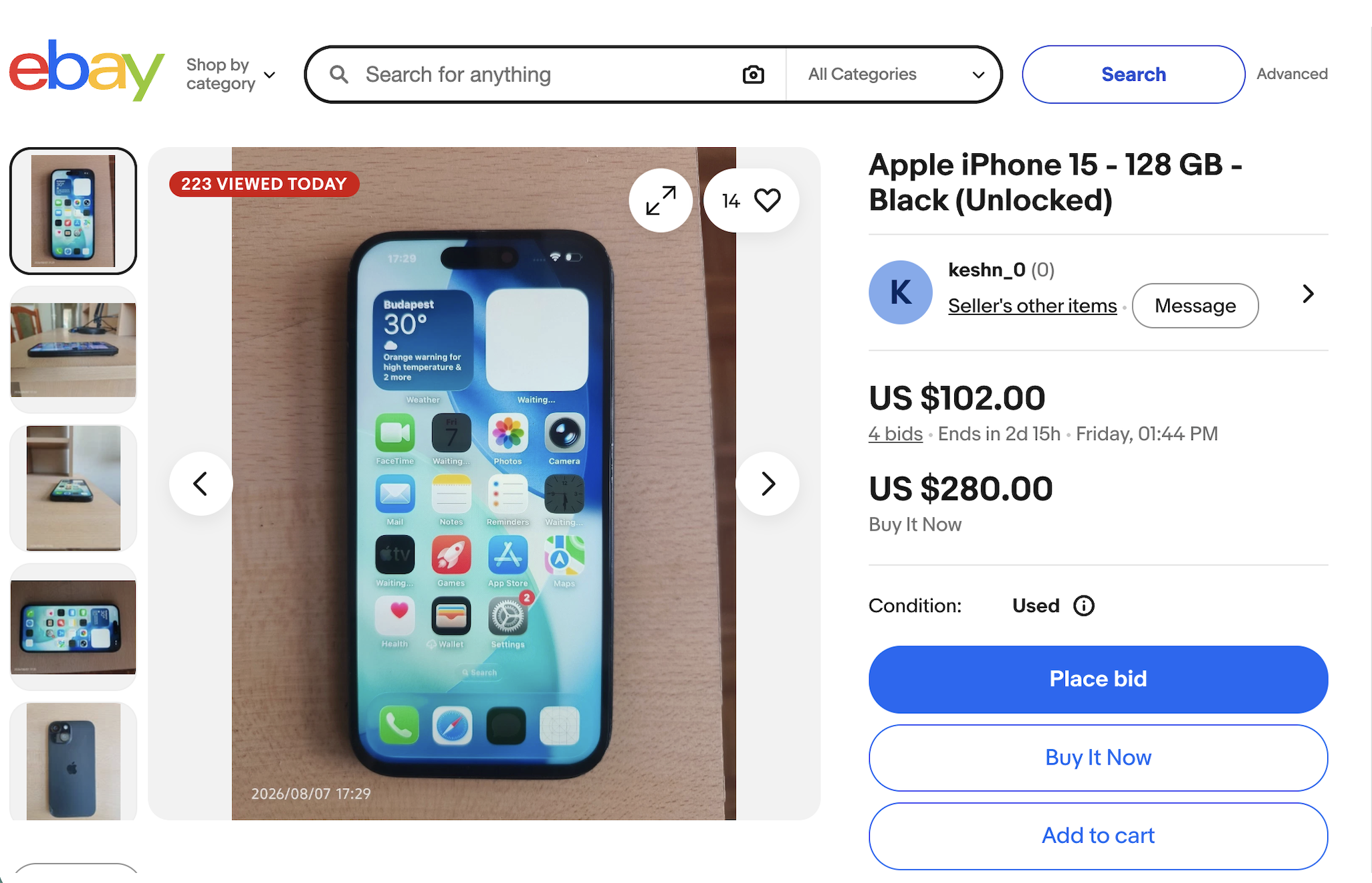 eBay listing for iPhone 15 - 128 GB Black