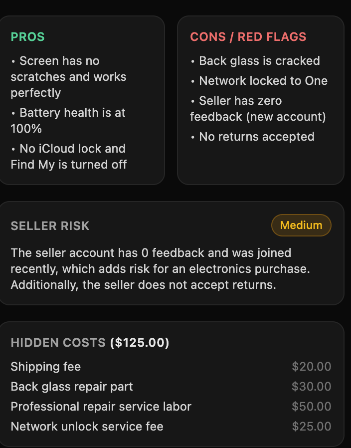 Clavizio showing pros, cons, seller risk and hidden costs