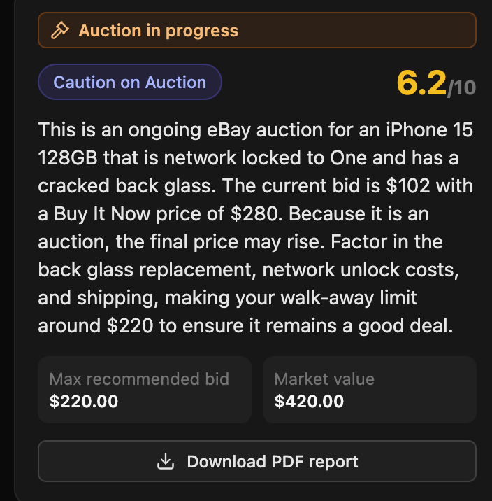 Clavizio auction score, max bid, market value and PDF download