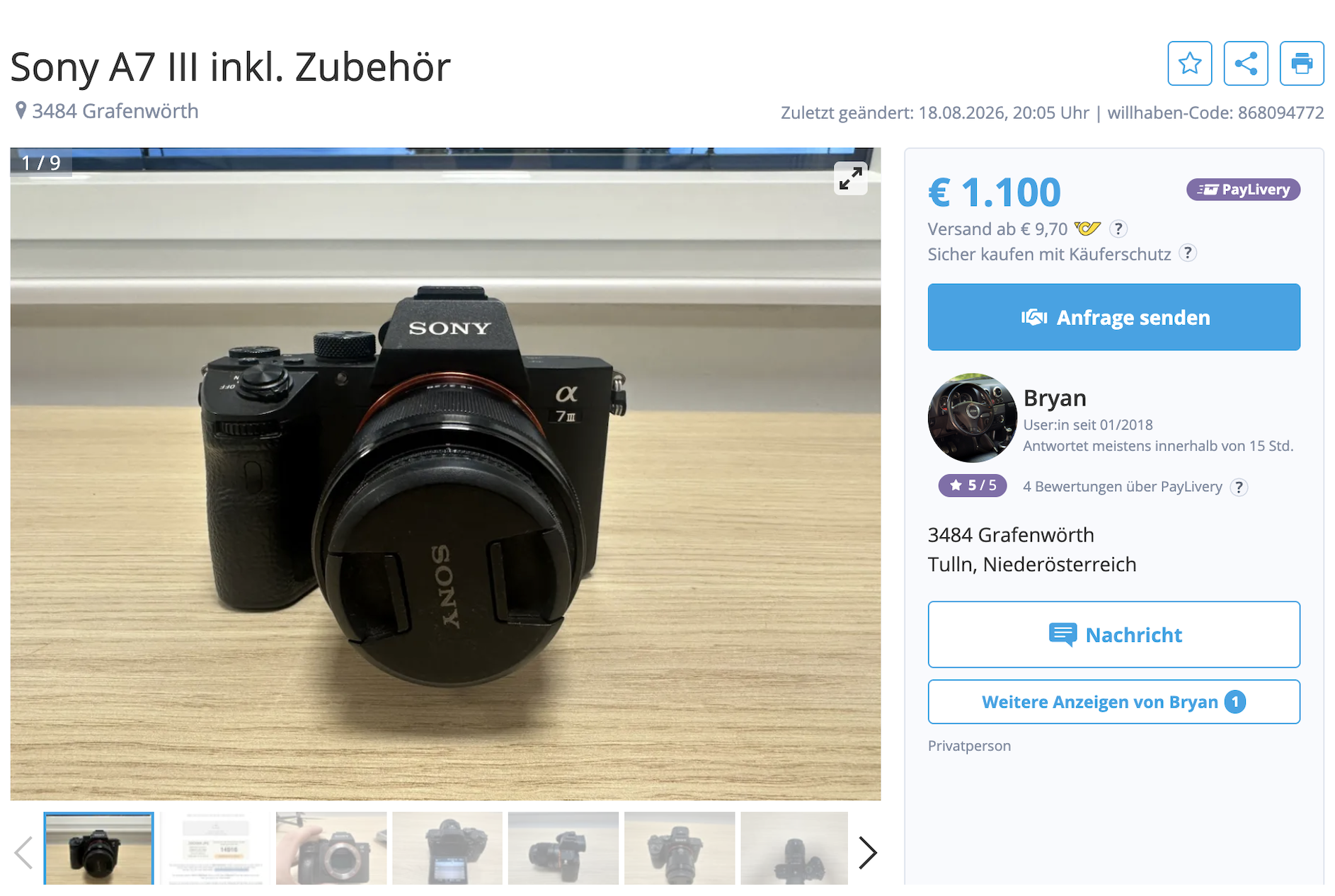 Sony A7 III listing in German on Willhaben